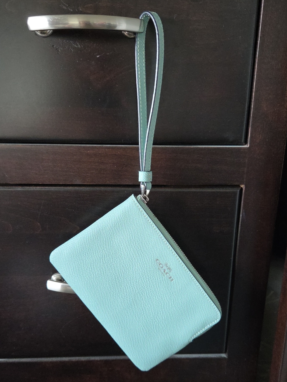 Coach Corner Zip Wristlet Seafoam Blue Leather